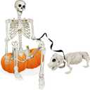 NEROSUN 5.4FT Halloween Skeletons Decoration, Posable Life Full Size Skeleton with Dog Skeleton, Realistic Plastic Human Bones for Halloween Props Haunted House Graveyard Party Decor