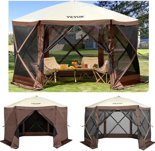 VEVOR 12 * 12ft 6 Sided Pop-up Canopy Shelter Tent with Mesh Windows, Portable Carry Bag, Stakes, Large Shade Tents for Outdoor Camping, Lawn and Backyard, Brown/Beige