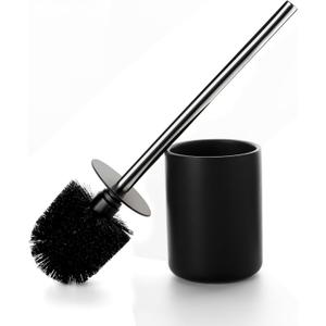 Ceramic Toilet Brush & Holder Set - Freestanding Deep-Cleaning Toilet Bowl Cleaner Brush, Stainless Steel Handle, Small & Sturdy for Storage, Easy to Clean, Non-Scratching (Matt Black)