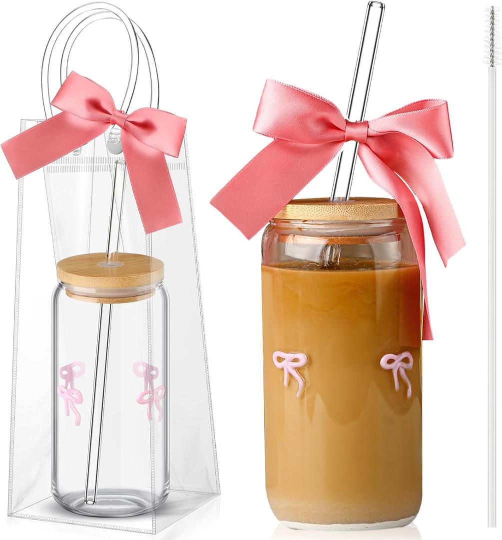 Coquette Bow Aesthetic Glass Cup with Clear Gift Bag Lids and Straws 16 oz Pink Bow Glass Cups Cute Tumbler for Iced Coffee Smoothie Beer Tea Bestfriend Sister Girlfriend Women Girls Gift
