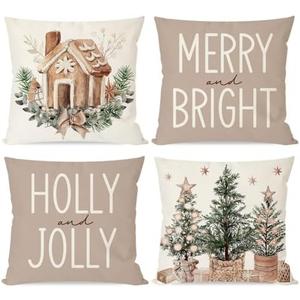 PANDICORN Christmas Pillow Covers 18x18 Set of 4 Gingerbread House Xmas Tree Decorations Neutral Christmas Decor Merry and Bright Winter Holiday Decorative Throw Pillow Cases for Home Room Couch