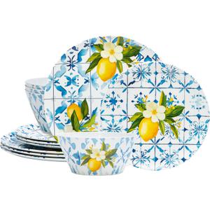 Melamine Dinnerware Sets- 12pcs Melamine Plates and Bowls Set for 4, Suitable for Indoor and Outdoor Use, Blue