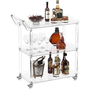HMYHUM Acrylic Bar Cart with 4 Lockable Wheels, 30.5" L x 15.2" W x 34.5" H, Rolling Serving Cart for The Home Bar, Kitchen, Living Room, with Pulling Handle, Modern, 3-Tier, Clear