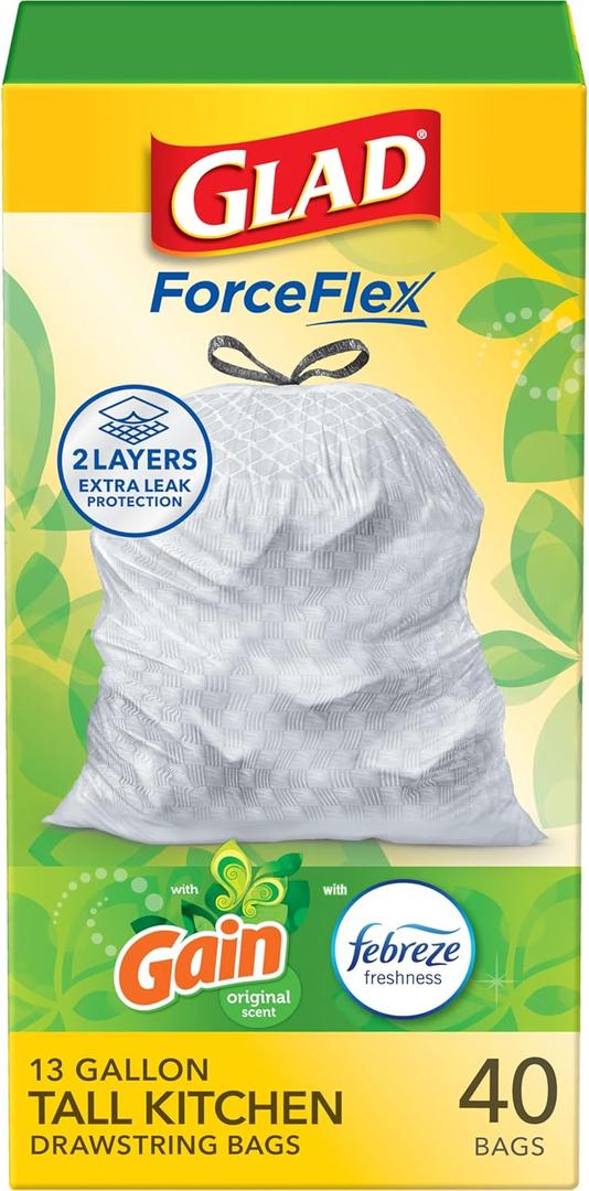 Glad ForceFlex Tall Kitchen Trash Bags, 13 Gallon, Gain Original, 40 Count
