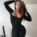 OLCHEE Womens Long Sleeve Workout Jumpsuit Square Neck Ribbed Seamless Yoga Romper Sexy Bodycon Tummy Control Unitard Onesie (S)