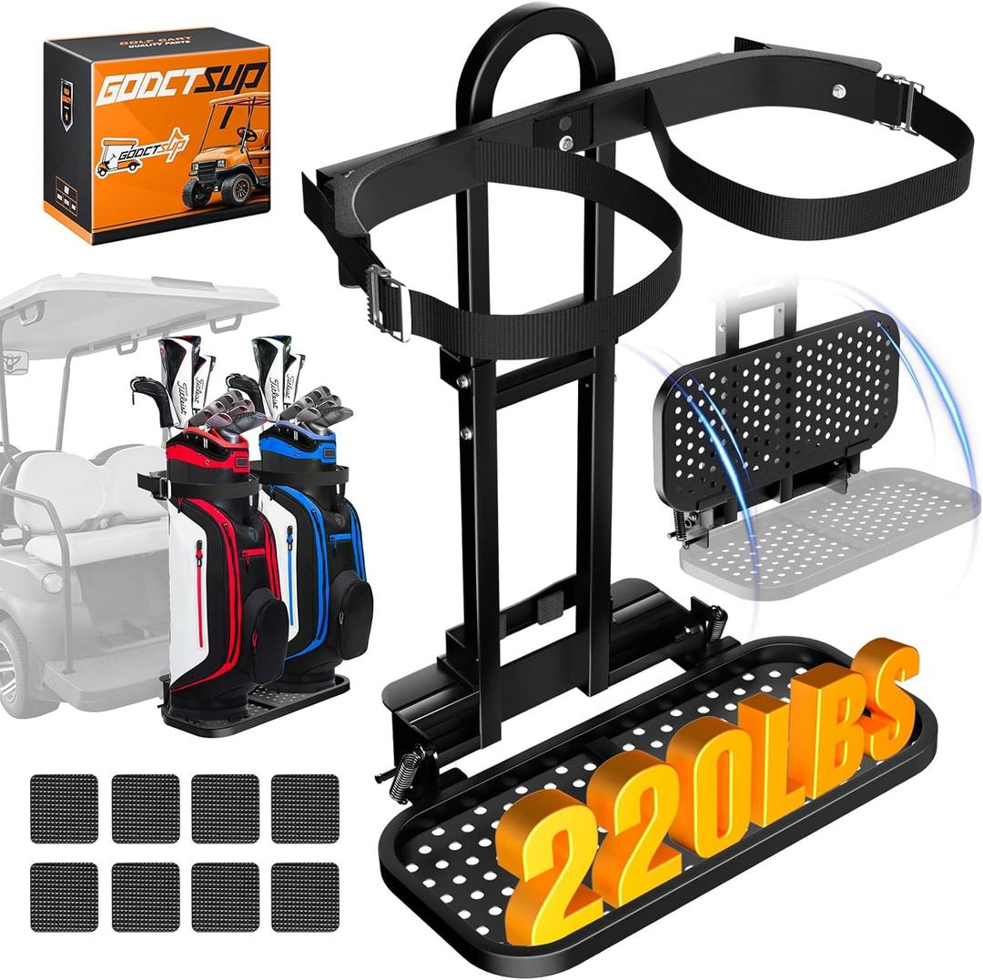 GODCTSUP Foldable Golf Cart Bag Holder for Four Seat Golf Cart, Upgraded Golf Cart Rear Seat Bag Rack with Stainless Steel Buckle for EZGO Club Car Yamaha, Fits Safety Grab Bar Maximum 8'' Wide