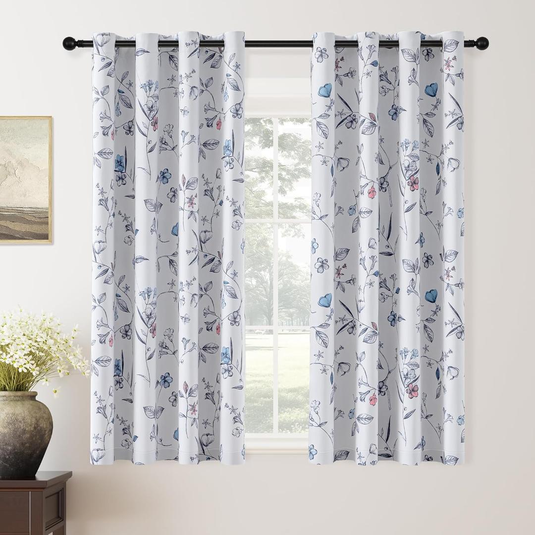 ChrisDowa 100% Blackout Floral Curtains 63 Inches Long 2 Panels for Bedroom Living Room Navy Blue Flower Patterned Room Darkening Thermal Insulated Soundproof Grommet Window Treatments Drapes,52X63