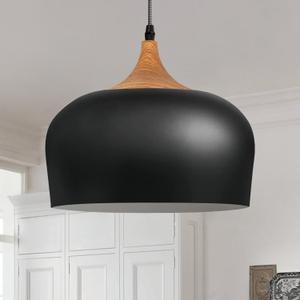 Modern Black Pendant Light, Wooden Dome Industrial Style Chandelier Light fixtures Ceiling Hanging for Dining Room, Kitchen Island, Bedroom, Hallway,Restaurant,Office