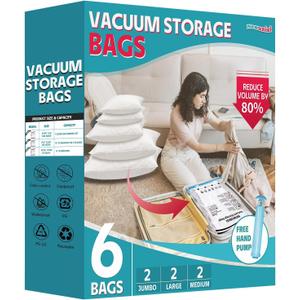 6 Pack Vacuum Storage Bags, Space Saver Compression Bags for Clothing, Comforters, Blankets, Vacuum Seal Bags with Hand Pump. (2Jumbo, 2Large, 2Medium)