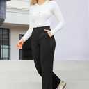Bamans Womens Dress Pants Flare Leggings Work Office Pants Wide Leg Slacks High Waist Bootcut Business Trousers (Black, L)
