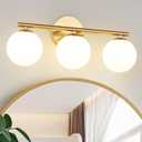 Globe Bathroom Light Fixtures 3-Light Brass Gold Vanity Light with Plastic Milk White Globe Shades 11.81 inch Wall Sconce Lighting Over Mirror, Vanity Lights for Bathroom Bedroom Hallway