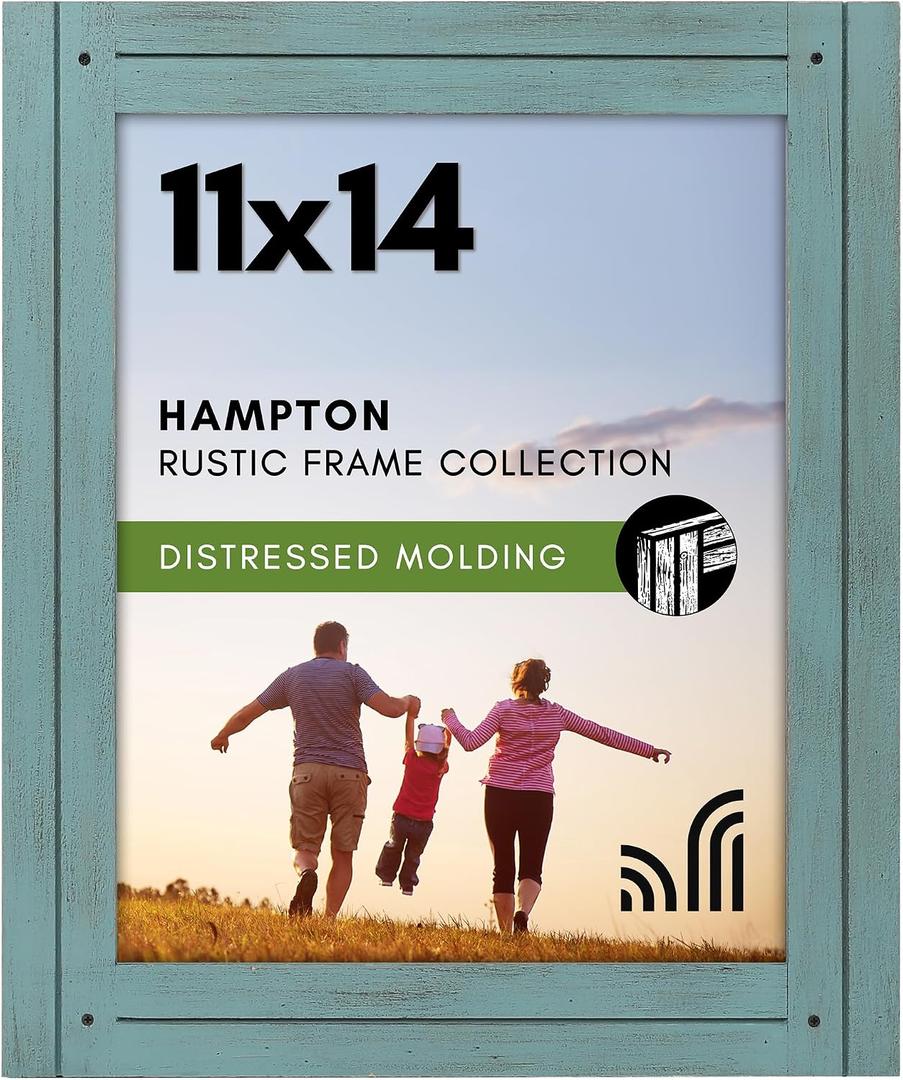 Americanflat 11x14 Picture Frame with Polished, Crystal Clear Glass - Hampton Collection - Distressed Wood Picture Frames for Vertical or Horizontal Wall Display - Turquoise Blue