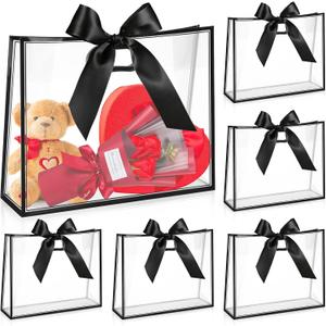 Aliceset 12 Pcs Clear Plastic Gift Bags with Die Cut Handles Reusable Gift Wrapping Bag with Ribbon for Wedding Graduation Bridal Shower Baby Shower, 12 x 10 x 5''(Black)
