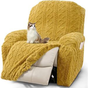 JOKIVTOU Recliner Chair Covers 4-Pieces Reclining Chair Slipcovers with Pocket& Elastic Bottom, Soft Feel Fitted Lazy Boy Sofa Couch Cover Washable, Stretch Recliner Furniture Protector (1 Seater, Yellow)