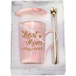 Best Mom Mug - Birthday and Mother's Day Gift from Daughter or Son - 14 Ounce Pink Mug with Spoon, Cup Mat, and Gift Box
