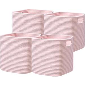 UBBCARE Storage Cubes 11 Inch, Cotton Rope Woven Baskets for Organizing, Cube Storage Bin for Baby Nursery, 4-Pack Square Toy Storage Baskets for Shleves Organizer, Closet, Kidsroom, Pink
