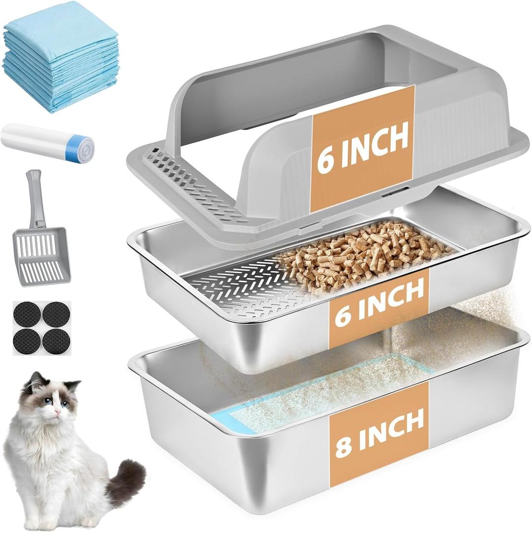 Homegroove Stainless Steel Sifting Litter Box for Pine Pellets, 23.6''x15.7''x14'' XXL Metal Cat Litter Box with Lid for Indoor Cats Pellet Sifter Litter Pan with Plastic Scoop &10 Urine Pads (8 Inch)