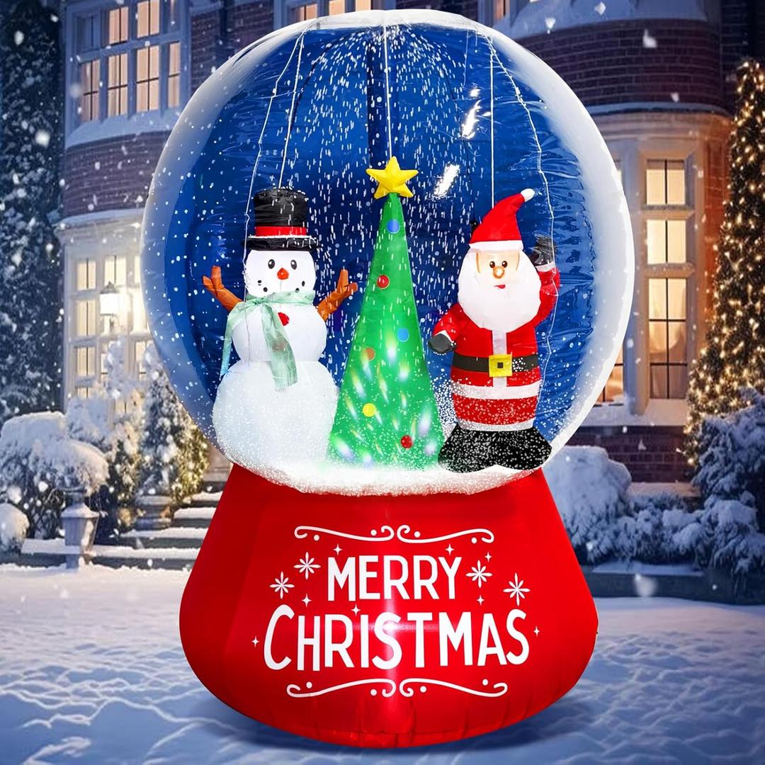 [Flash Light & Snowing] 6Ft Christmas Inflatable Snow Globe, Christmas Blow up Santa Claus & Snowman & Christmas Tree in Xmas Snow Ball Built-in Colorful LED Lights for Snowglobe Inflatable
