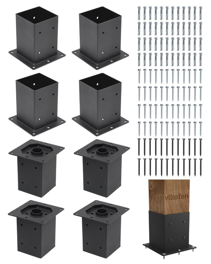 8-Pack 4x4 Post Base Brackets for Concrete - 3.5"x3.5" Wood Post Anchor - Deck, Fence, Pergola Raised Mount with Hardware - Rust-Resistant Black Steel