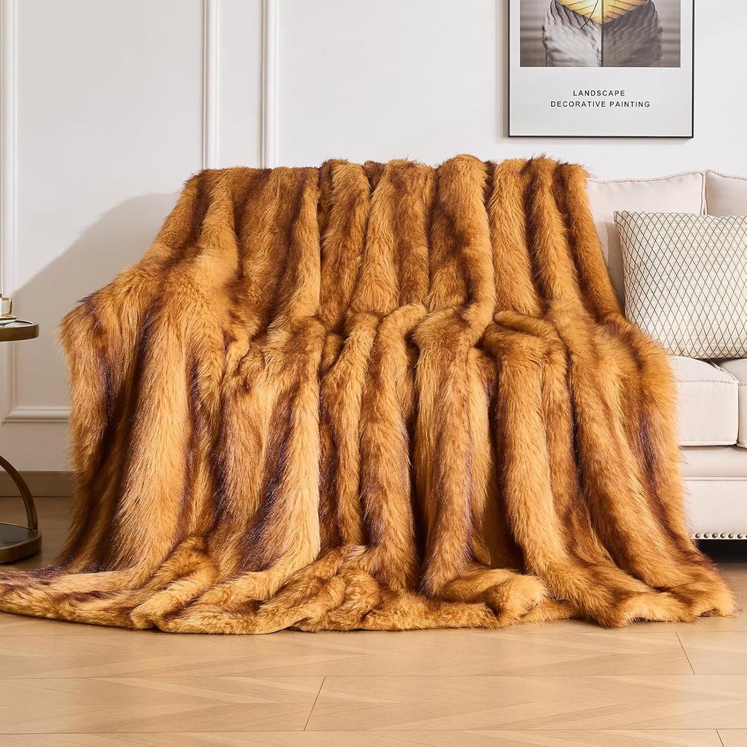 OMERAI Faux Fur Blanket, Ultra Soft Luxury Fuzzy Throw Blanket, Long Pile Plush Cozy Warm Decorative Blanket for Couch, Sofa, Chair, Bed, Heavy Weight, 90" x 108", Golden Amber Fox