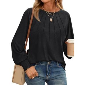 Women's Tops Dressy Casual Long Sleeve Pleated Shirts Crewneck Loose Basic T-Shirt Blouses 2024 Trendy Fall Clothes, S Women's Tops Dressy Casual Long Sleeve Pleated Shirts Crewneck Loose Basic T-Shirt Blouses 2024 Trendy Fall Clothes, S