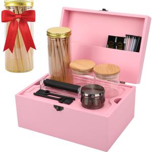 Large Bamboo Storage Box with Removable Tray Kit - Decorative Box Set, Glass Jars, and Accessories Wooden Storage Kit and Accessories Tool.Birthday Gifts. (Pink)