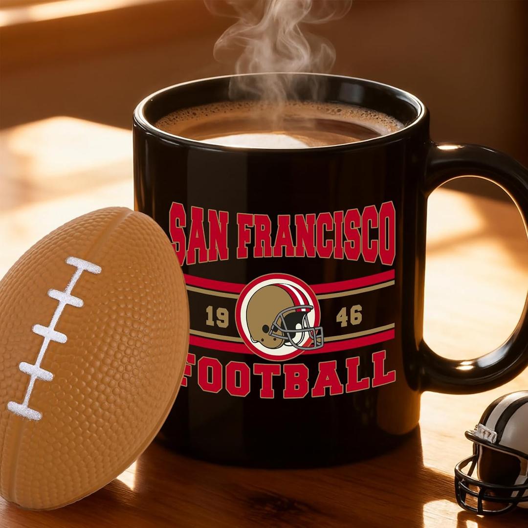2 in 1 Football Fan Ceramic Coffee Mug Cup San Francisco Themed Merch Fan Shop Men Women Sport Gear Apparel Memorabilia Decor 49er Team Accessories Bf Boyfriend Novelty Cool Special Present Funny Gift