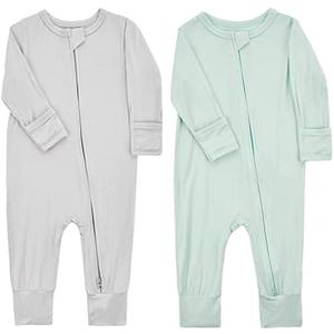 Aablexema Baby Footless Pajamas Zipper with Mitten, Rayon from Bamboo, Infant Long Sleeve Romper Pjs 6-12 Months