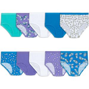Fruit of the Loom Girls' Tag Free Cotton Brief Underwear Multipacks, Low Rise Brief - Purple/ Blue/ White, 8, Pack of 10