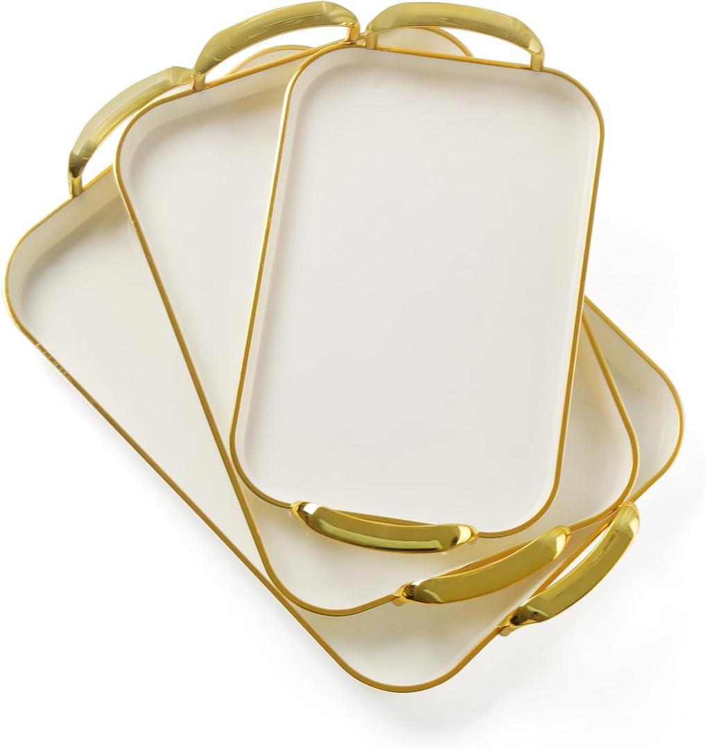 JEESA 3-Pack Serving Tray with Handles, Platters for Serving Food Turkey Cookie Appetizer Snack, Reusable Plastic, Stackable, for Holiday, Party, White (16.5"L x 11.4"W x 1.4"H)