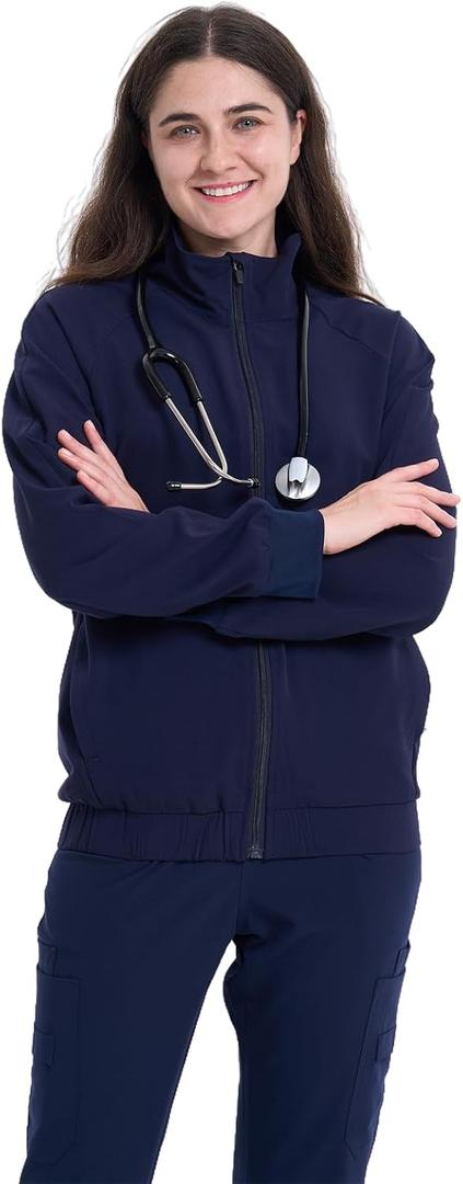 Medical Scrubs Set, Two-Piece Uniform with Full Zip Jacket 4 Way Stretch Workwear (X-Large, Navy Blue)