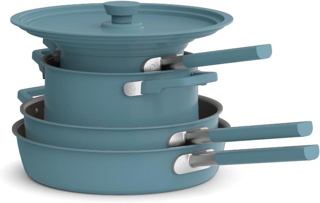 bella 9 Piece Ceramic Nonstick Cookware Set, Fits-anywhere Kitchenware w EverGood Coating, Dishwasher & Oven Safe, All Stovetops Compatible, Stackable Design, Cool Touch Handles, Surf