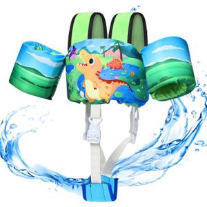 Toddler Swim Vest, Toddler Floaties for 22-66 lbs Boys & Girls, Kids Puddle Jumper Removable with Crotch Strap & Shoulder Harness Arm Wings for 1 2 3 4 5 6 7 Years Old Baby Children Sea Beach Pool (3 Green-Dinosaur)