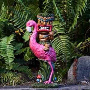 Solar Tiki Statue - Outdoor Statue - Solar Powered Garden Figurine Tiki Decoration for Bar, Patio, Balcony, Yard, Lawn, Table, Riding a Flamingo 13.66 Inches Tall