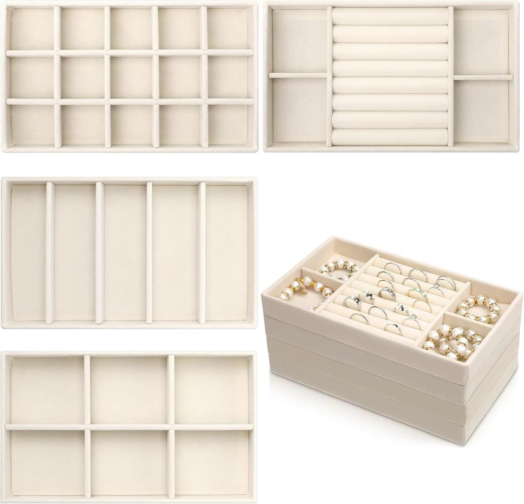 4 Pcs Stackable Jewelry Organizer Trays, 8 x 5 x 1 Inch Velvet Jewelry Trays Beige Jewellery Drawer Inserts Organizer Display Case Storage with Removable Dividers for Earring, Necklace, Rings