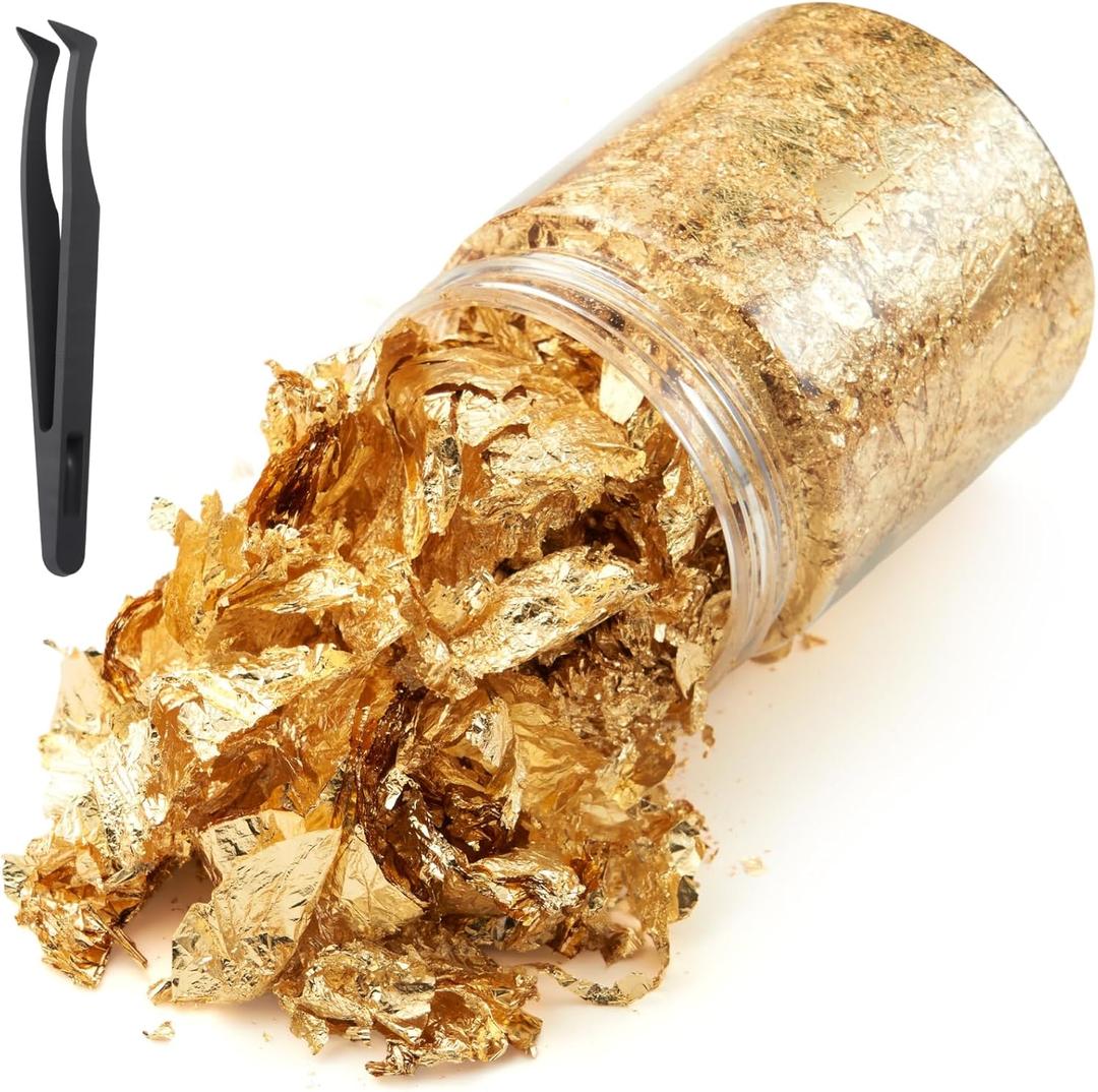 Gold Leaf Flakes with Tweezers,10g Metallic Gold Foil Flakes for Resin, with Tweezers, Imitation for Nail Art, Crafts, Slime, Painting, Jewelry Making, DIY Craft Supplies