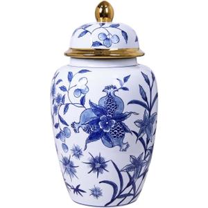 16" H Blue & White Floral Ceramic Ginger Jar with Lid - Elegant Urn Shape Vases for Centerpieces, Home Dcor Accents Porcelain Jar for Tea Storage or Entryway Table Decor