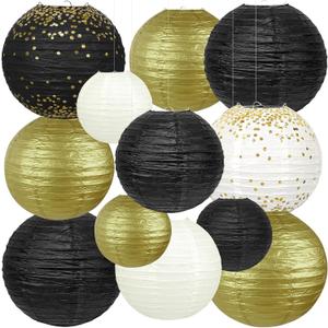 12Pcs Black Gold Graduation Decorations 2026 | 6" 8" 10" Hanging Paper Lanterns for Black and Gold Party Decorations, Birthday Decorations for Men, Retirement & Anniversary