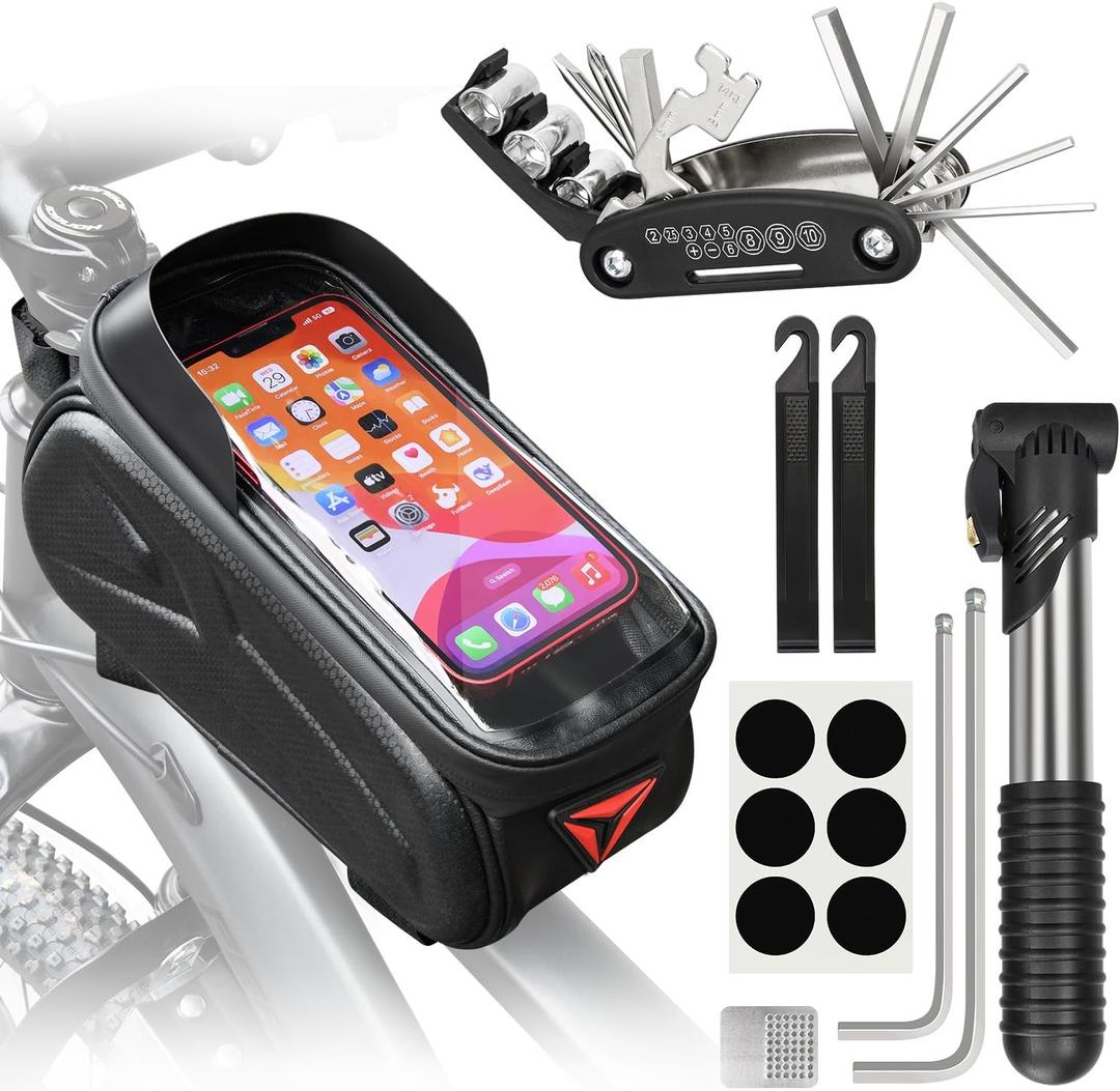 Bike Repair Kit, Bicycle Repair Bag With Tire Pump, Bike Tool Kit for Camping Travel, 16-in-1 Bike Multitool, Bicycle Tire Repair Kit, 4mm and 5mm Allen Wrenches, Used for Mountain Bike and Road Bike
