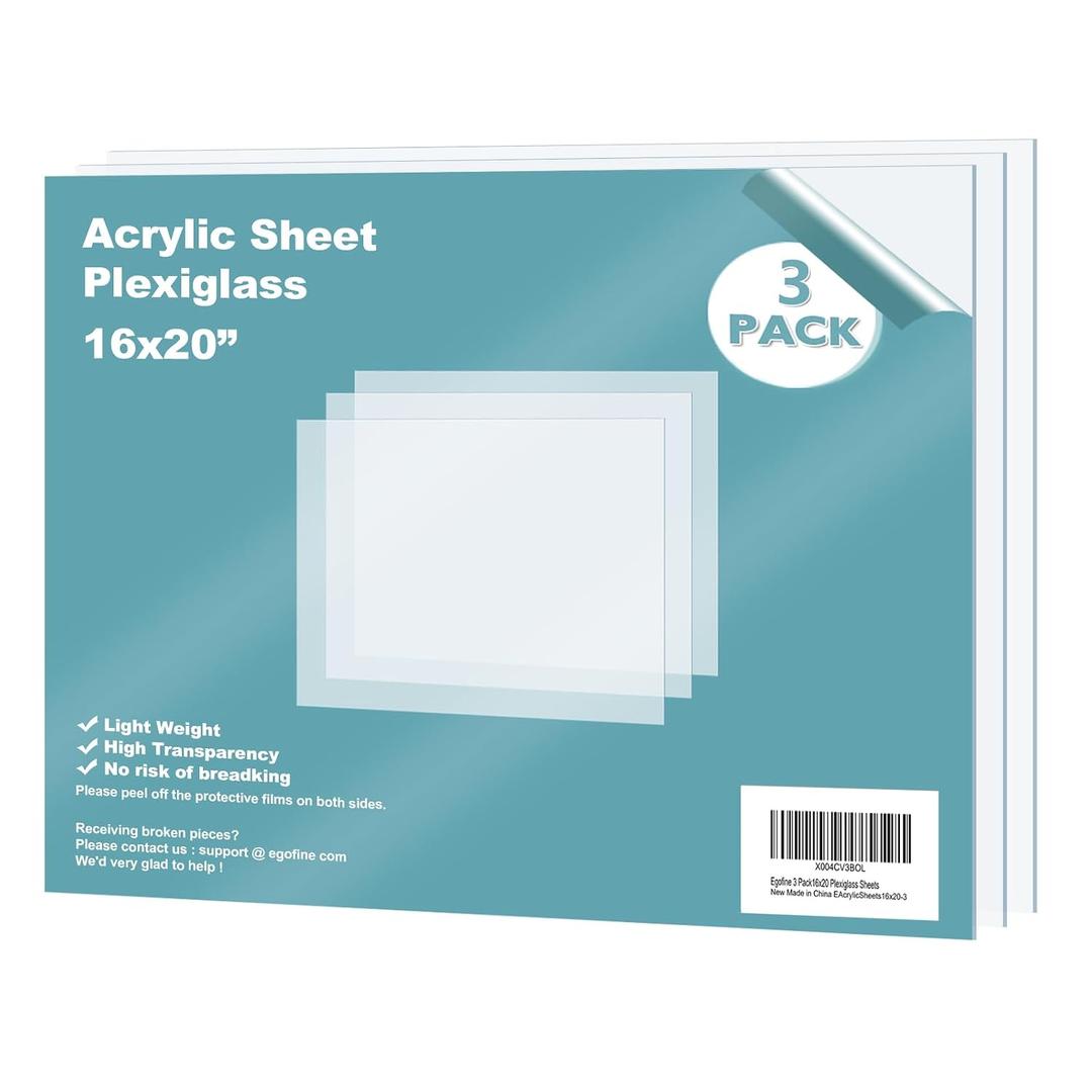 Egofine Plexiglass Sheets Acrylic Sheets 3 Pack of 16x20 0.04 Thick Clear Plastic Cast Transparent Plexi Glass for Crafting Projects, Replacement Picture Frame Glass, DIY Display, Easy to Cut