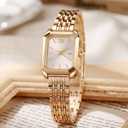 NEWITIN 3 Pieces Women Gold Watch Bracelets Set Fashion Costume Jewelry Stainless Steel Gold Plated Square Wristwatch Diamond Bangle Bracelet Watch Jewelry Set for Women