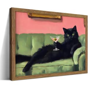 Framed Black Cat with Martini Wall Art Print, Whimsical Cute Cat Decor Paintings, Cocktail Art Bar Cart Decor, Funny Animal Canvas Pictures Aesthetic for Home Living Room Bedroom – 8x10 inch