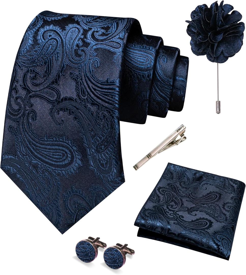 Mens Paisley Tie and Pocket Square,Lapel Pin,Cufflinks,Tie Clip Sets with Gift Box 5PCS (Navy Blue)