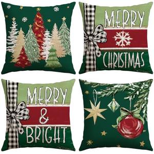 Artscope Christmas Throw Pillow Covers 18x18 Inch Set of 4, Merry Christmas Bright Xmas Tree Ball Winter Decoration Pillow Cases for Home Sofa Couch Decor-Green