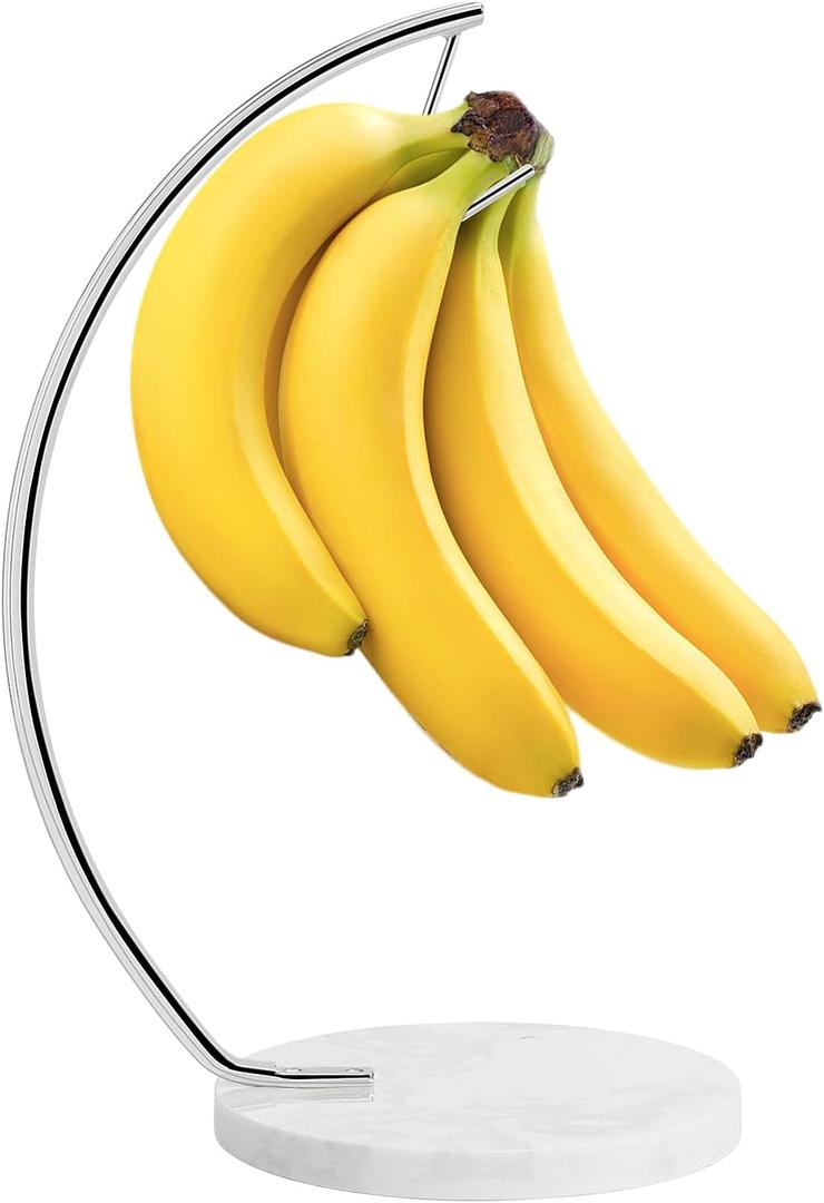 Livabber Banana Holder with Marble Base, Metal Banana Hanger Modern Tree Stand with Hook, Stylish Banana Keeper Fresh Fruit Storage Organizer Freestanding for Kitchen Countertop (Chrome, Single Hook)