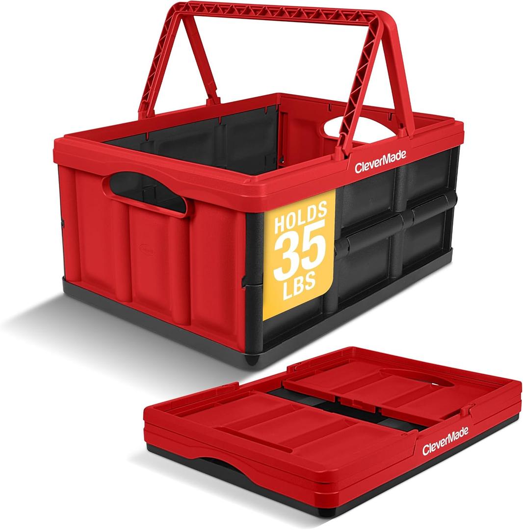 CleverMade Collapsible Shopping Basket 32L Folding Grocery Basket with Handles, Stackable Reusable Storage Crate with 35 lb Capacity, Recycled Plastic, Car Trunk Organizer - Red