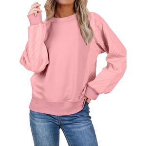 SHEWIN Womens Crewneck Sweatshirts Patchwork Texture Long Sleeve Tops Casual Loose Pullover Sweatshirt Fall Clothes (XX-Large, Pink)