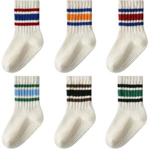 HONGTEYA 6 Pack Baby Toddler Grip Socks with Non-Slip Stripe Grippy Crew Socks for Boys Girls Kids Seamless Toe, 1-6 Years