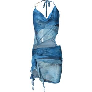 Women Sexy Sheer Halterneck Mini Dress Hollow Out Colourful Mesh Floral Dress for Beach Party Night (Small, Blue)