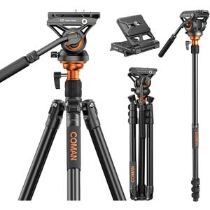COMAN 73" Camera Tripod with Fluid Head, Lightweight Portable Tripod for Camera with Detachable Monopod Aluminium Alloy and QR Plate for DJI Canon Nikon Sony DSLR Camera Black Max Load 22.04lb(FF06S)
